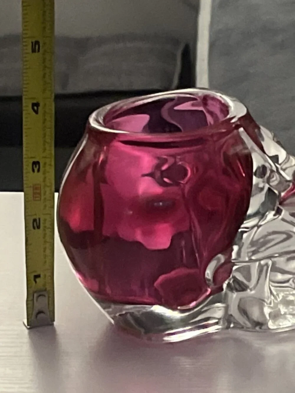 Pink & Clear Art Glass Skull Tealight Candle Holder Halloween 4” Tall